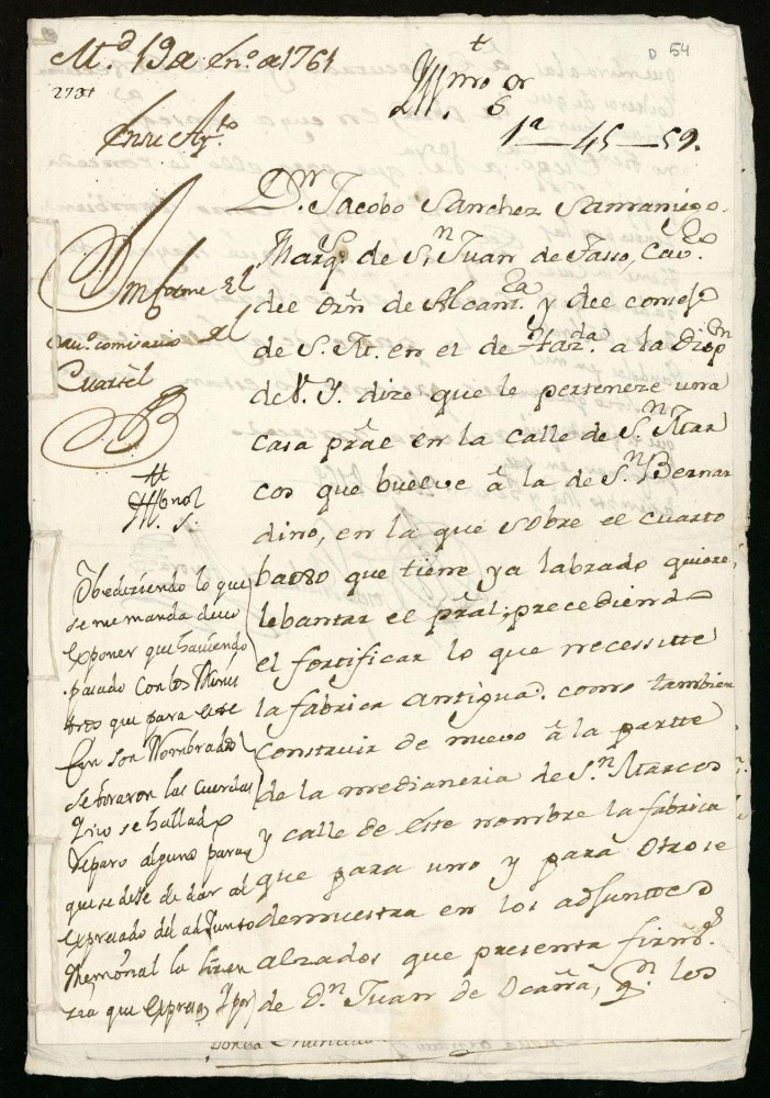 Licencia a Don Jacobo Sánchez Samaniego Marqués de San Juan de Tasso para edificar en la Calle de San Marcos.