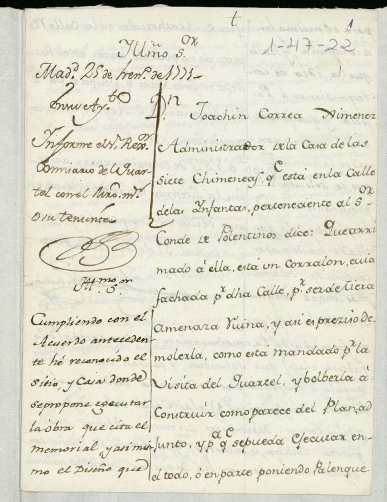 Licencia a Don Joaquín Correa Jiménez por el Conde de Polentinos para edificar en la calle de las Infantas a la de las Torres