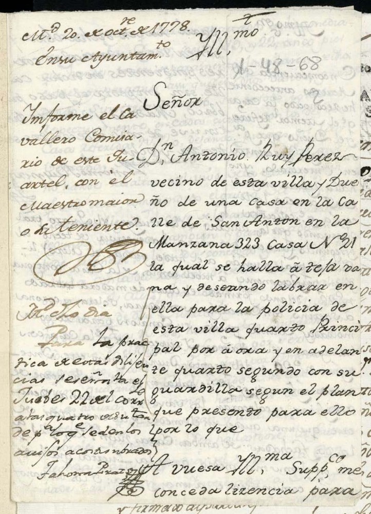 Licencia a Don Antonio Ruiprez para alzar cuarto principal en la calle de San Antn n 21 manzana 323 (hoy Pelayo)