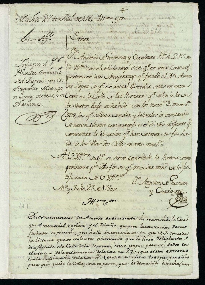 Licencia a Don Agustn de Gzman y Crdenas para reedificar unas casas calle de loas Veneras a la de la Sartn baja, n 3, manzana 398 y segregacin de terreno a favor del pblico