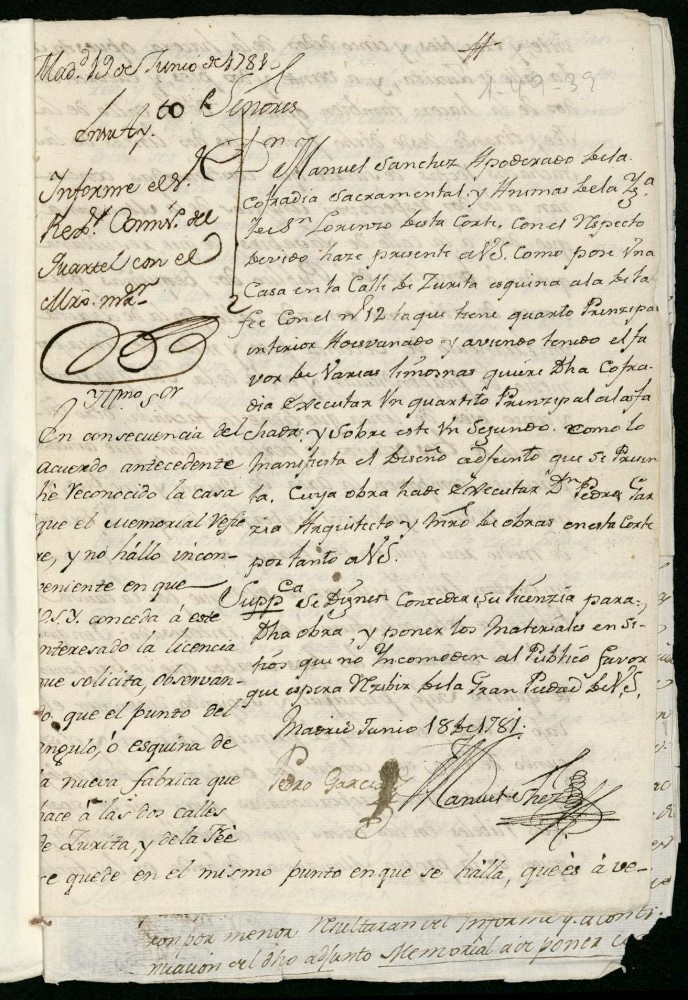 Licencia a Don Manuel Snchez apoderado de la Sacramental de San Lorenzo para construir piso principal y segundo en la calle de Zurita esquina a la de la F n 12