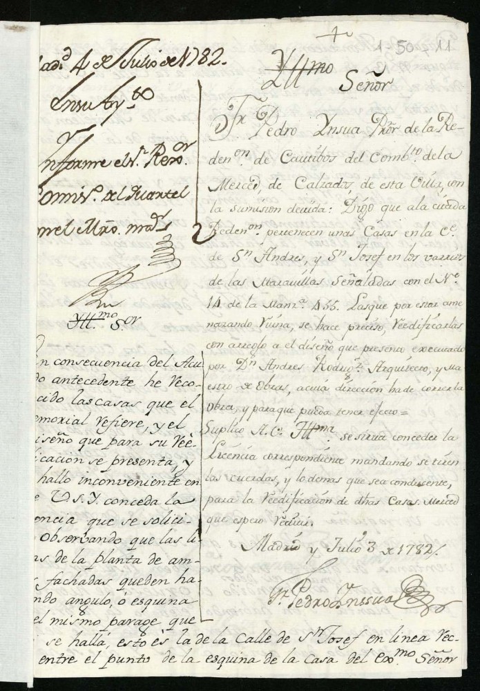 Licencia a Seor Pedro Ynsua prio del Convento de la Merced calzada para reedificar en la calle de San Andrs y San Jos n 14 manzana 455 (Barrio de Maravillas)