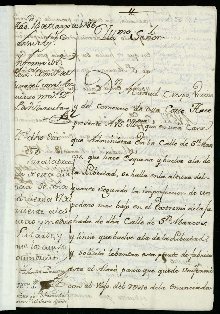 Licencia a Don Manuel Crespo para levantar puerta de la fachada de la casa calle de San Marcos esquina a la de la Libertad