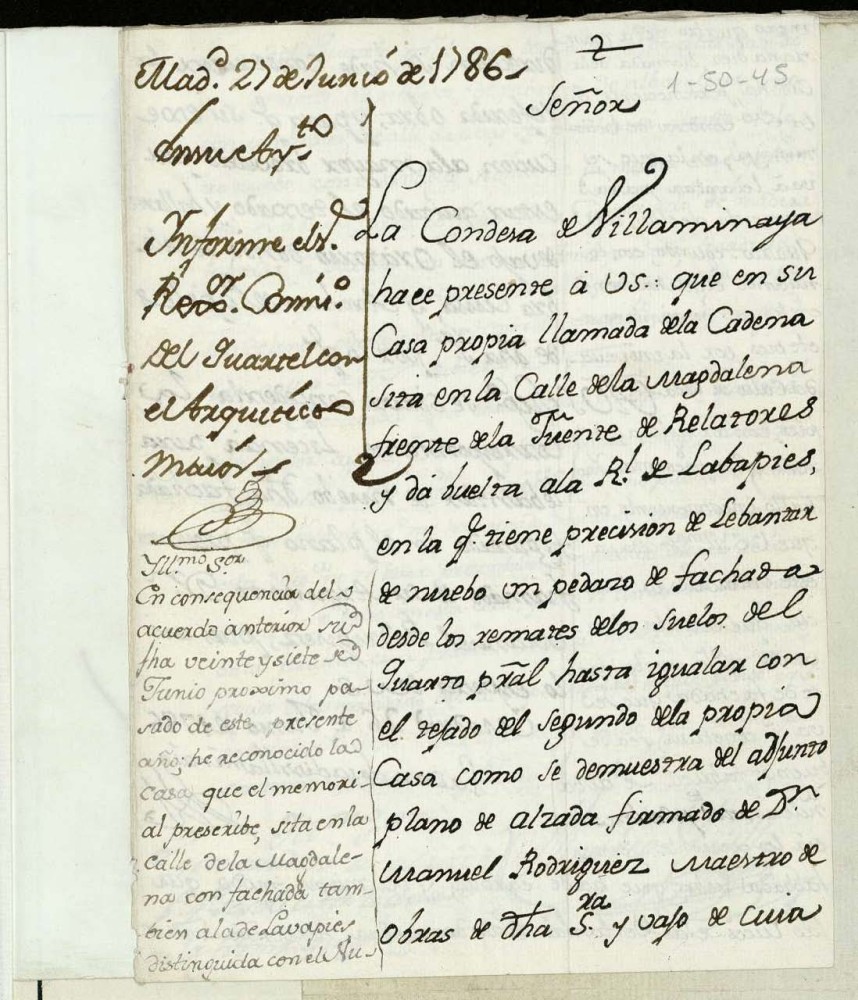 Licencia a la Condesa de Villaminaya para levantar parte de la fachada titulada de la Condesa calle de la Magdalena a la de Lavapiés