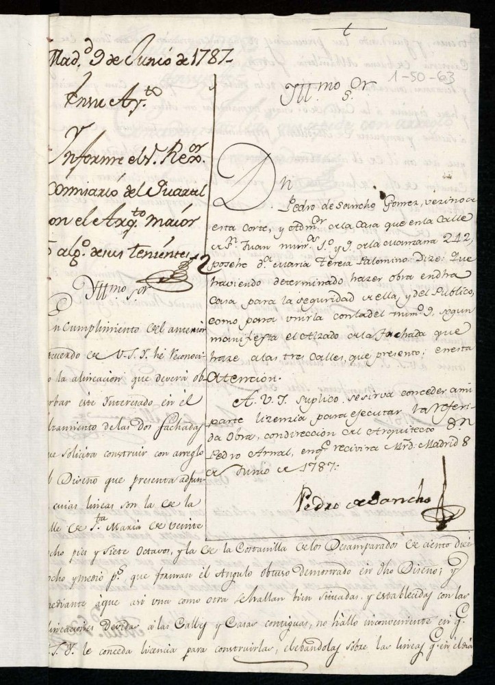 Licencia a Don Pedro de Sancho Gmez para reedificar en la calle de San Juan n 1 y 9 manzana 242