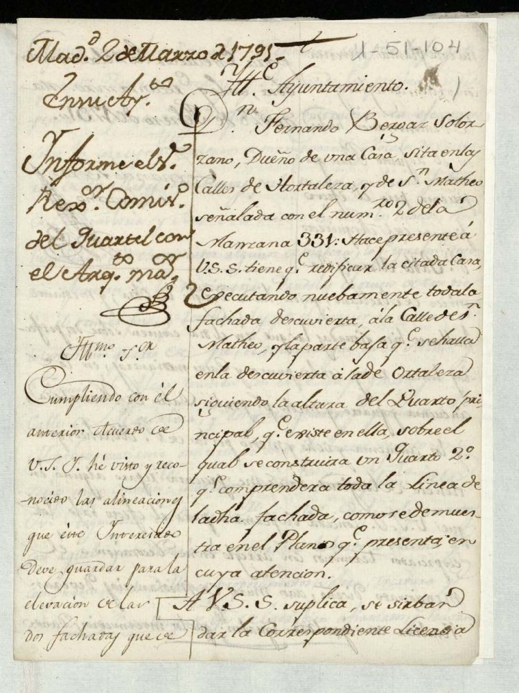 Licencia a Don Fernando Bergaz Solorzano para construir en la calle de Hortaleza y de San Mateo n 2 manzana 331