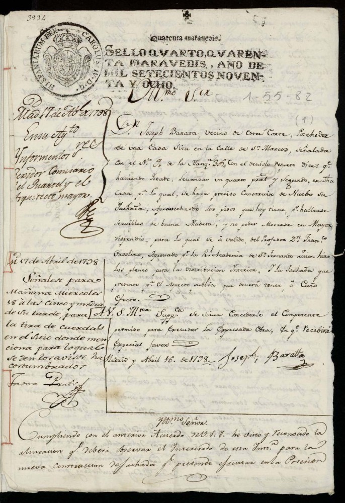 Licencia a Don Jos Barata para la construccin de la fachada de la casa en la calle de San Marcos n 9 antiguo, manzana 305