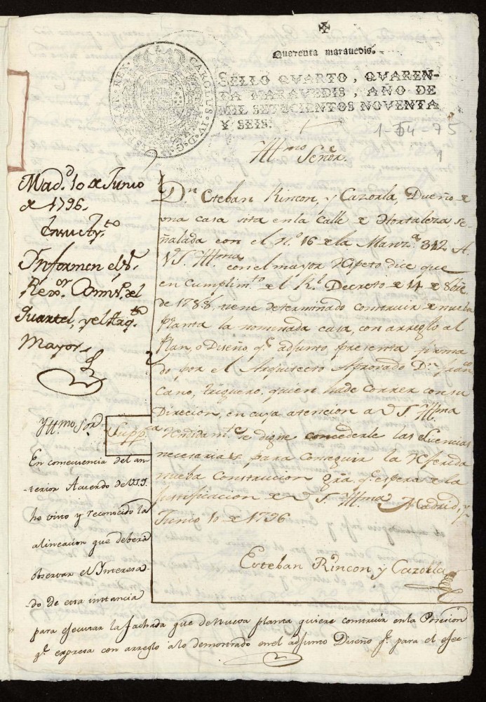 Licencia a Don Esteban Rincn y Cazorla para reedificar su casa en la calle de Hortaleza n 16 antiguo, manzana 312