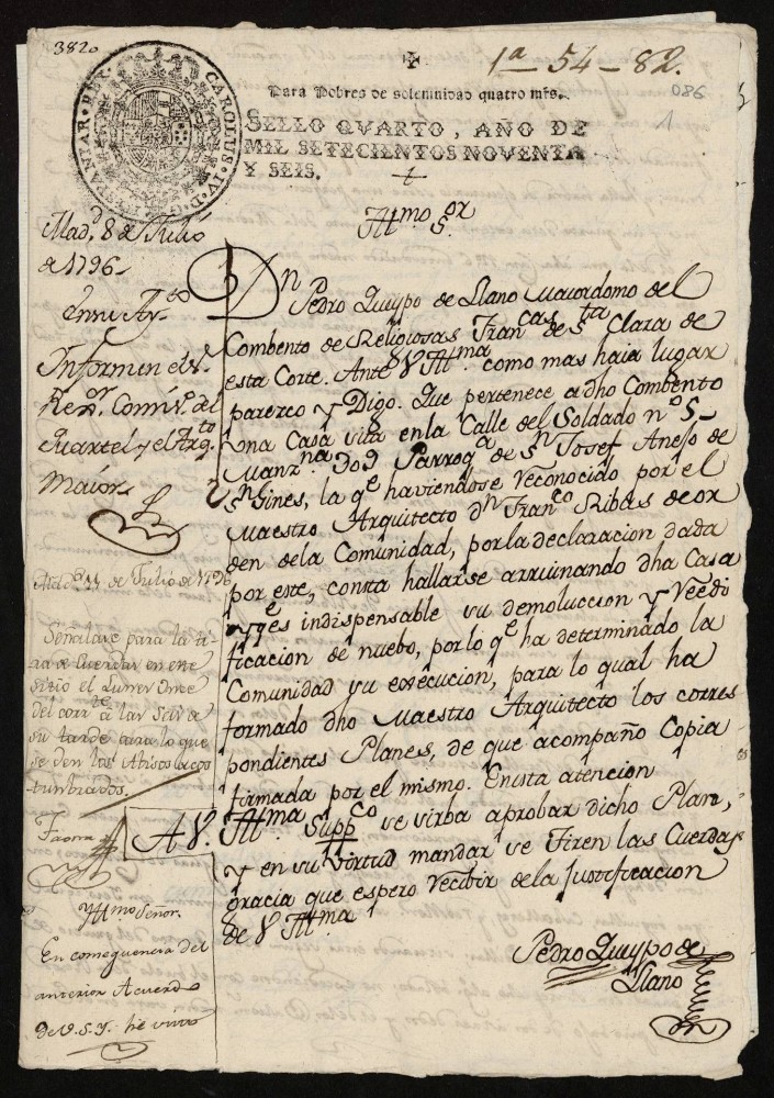 Licencia a Don Pedro Queipo de Llano, mayordomo del convento de las religiosas franciscanas de Santa Clara para reedificar una casa en la calle del Soldado n 5 antiguo, manzana 309