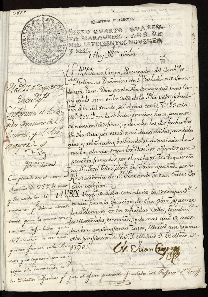 Licencia al P. Juan Crespo, prior del convento de religiosas de Santa Catalina de Sena de esta corte para reedificar unas casas del convento en la calle de la Flor Baja n 23 antiguo, manzana 522