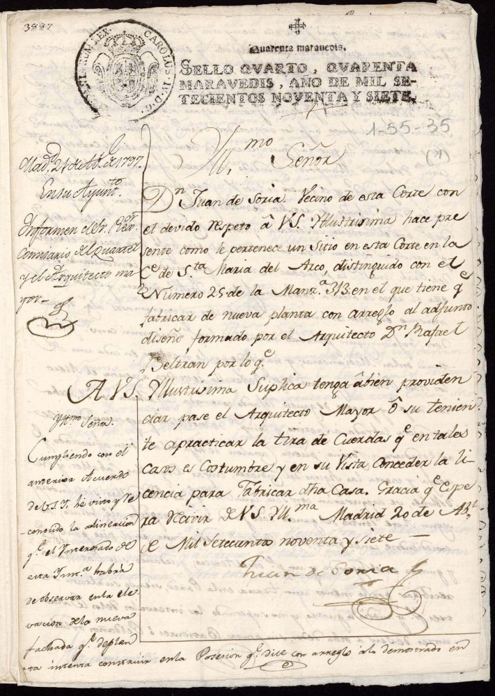 Licencia a Don Juan de Soria para la construccin de una casa en la calle del Arca de Santa Mara n 25 antiguo, manzana 313