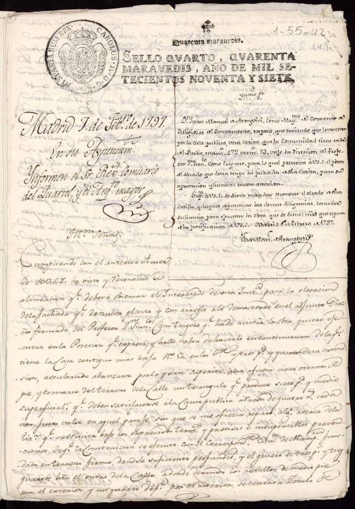 Licencia a Don Juan Manuel de Arangoiti, por las religiosas del Sacramento para la construccin de una casa en la calle del Rubio n 53 antiguo, manzana 472
