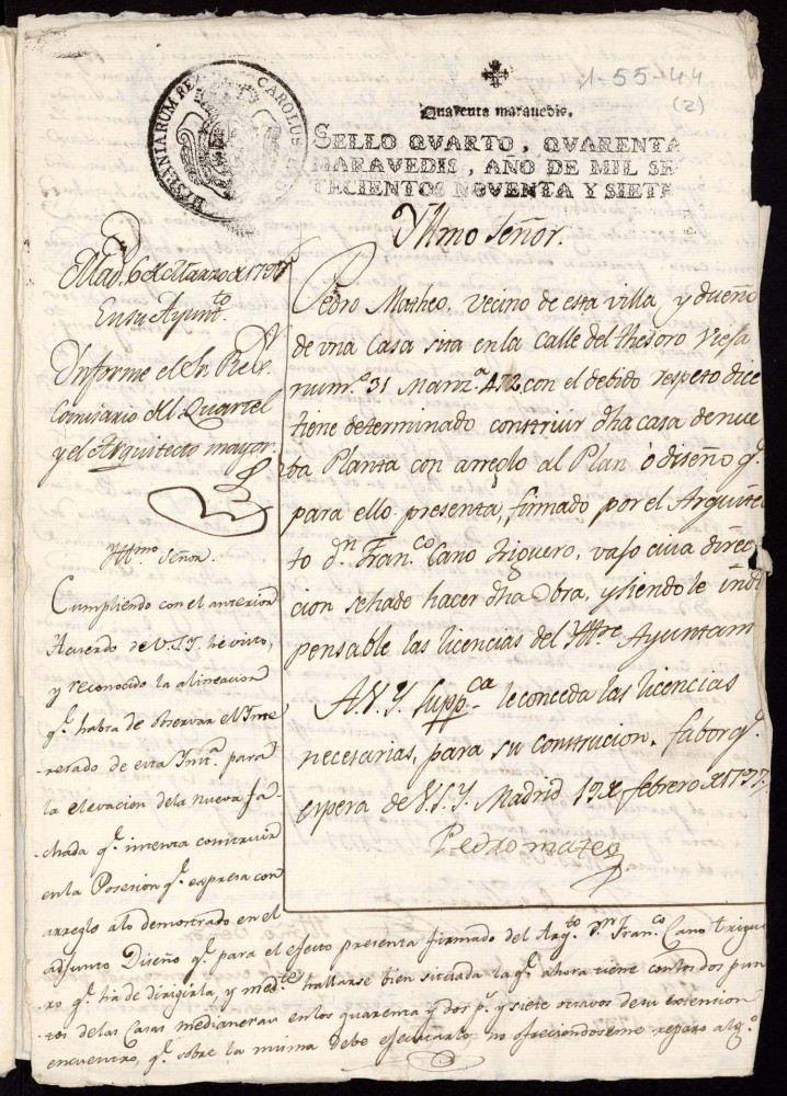 Licencia a Don Pedro Mateo para la construccin de una casa en la calle del Tesoro Vieja n 31 antiguo, manzana 472