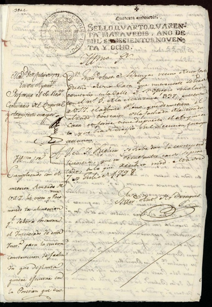 Licencia a Don Francisco Antonio de Bringas para la construccin de una casa en la calle de San Opropio n 5 antiguo, manzana 337