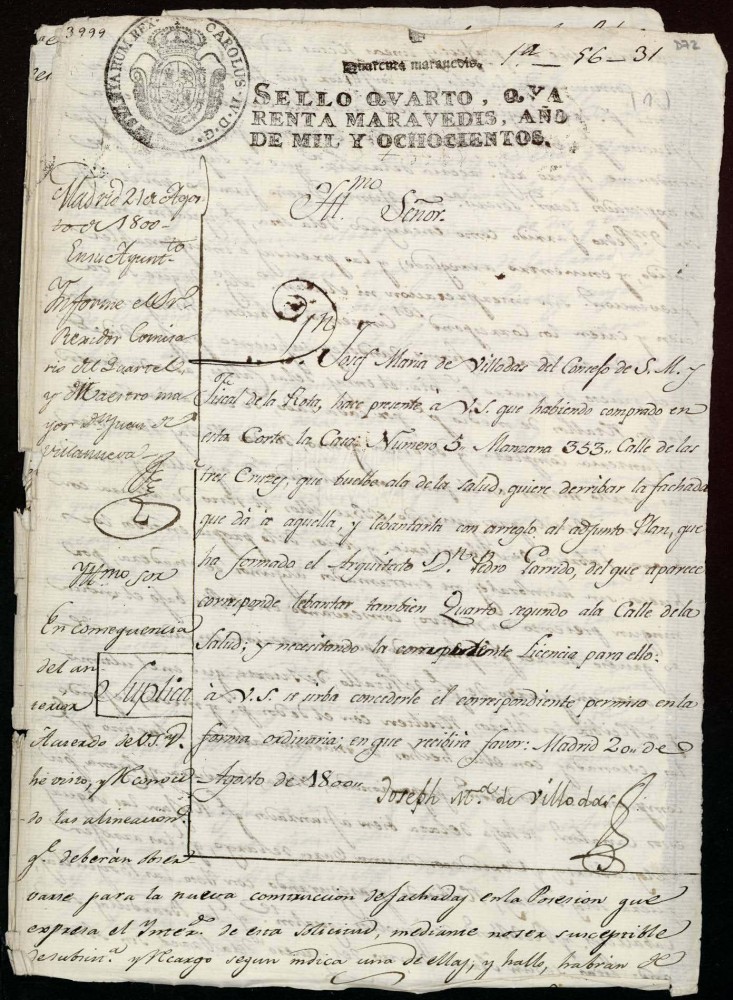 Licencia a Don Jos Mara de Villodas para reedificar la fachada de la casa en la calle de las Tres Cruces n 5 antiguo, manzana 353