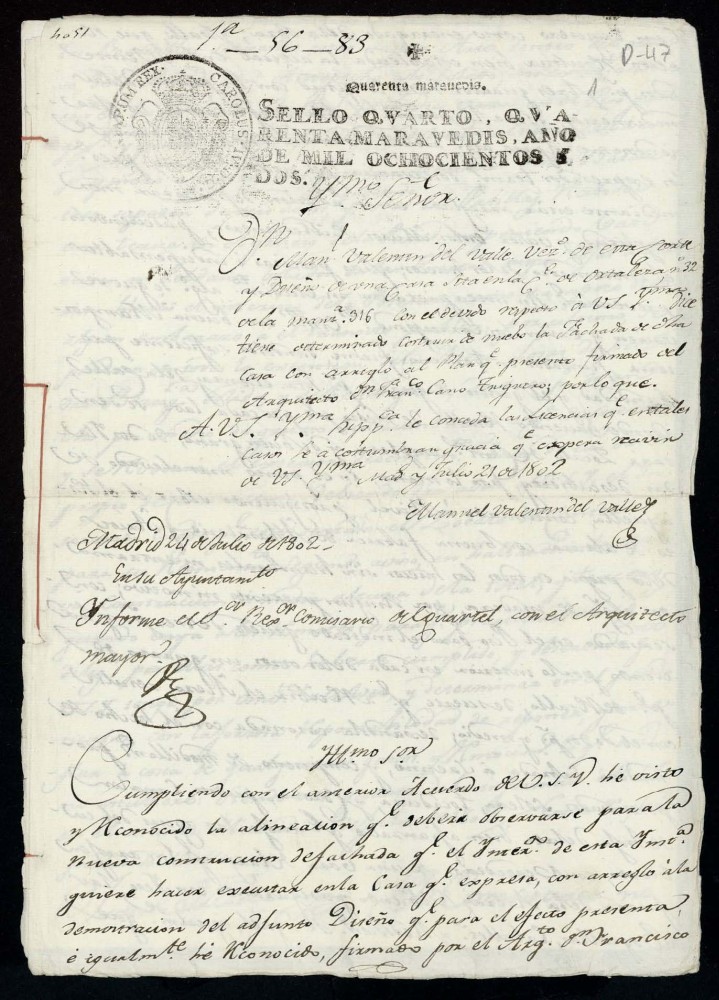 Licencia a Don Manuel Valentn del Valle para reedificar la fachada de la casa en la calle de Hortaleza n 32 antiguo, manzana 316