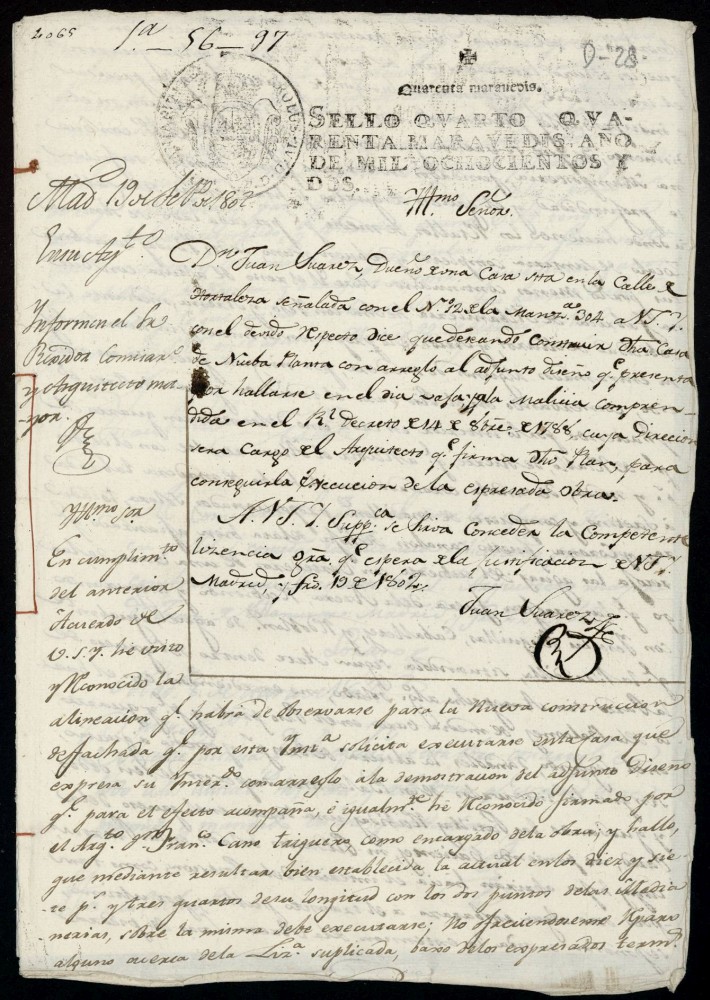 Licencia a Don Juan Suarez para reedificar una casa en la calle de Hortaleza n 12 antiguo, manzana304
