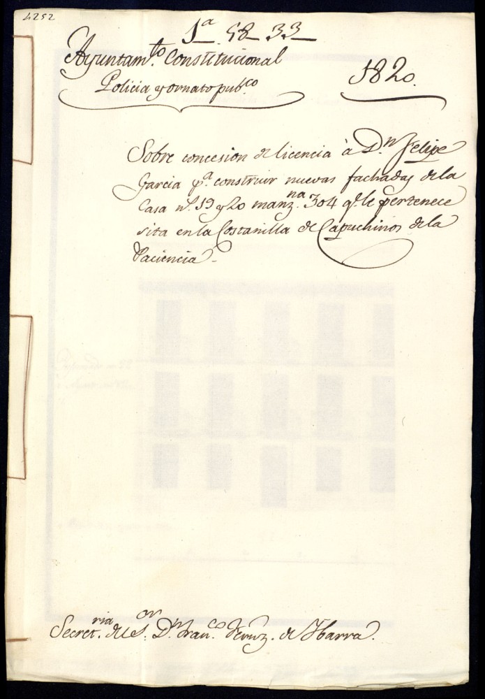Concesin de licencia a don Felipe Garca para construir nuevas fachadas en la casa n 19 y 20, manzana 304, que le pertenece, sita en la Costanilla de los Capuchinos de la Paciencia.
