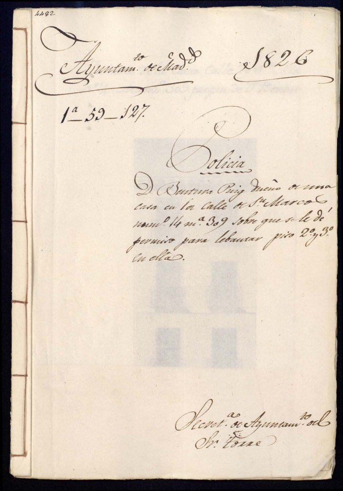 Don Bentura Puig [sic] dueo de una casa en la calle de San Marcos, 14, manzana 309, sobre la que se le de permiso para levantar piso segundo y tercero en ella.