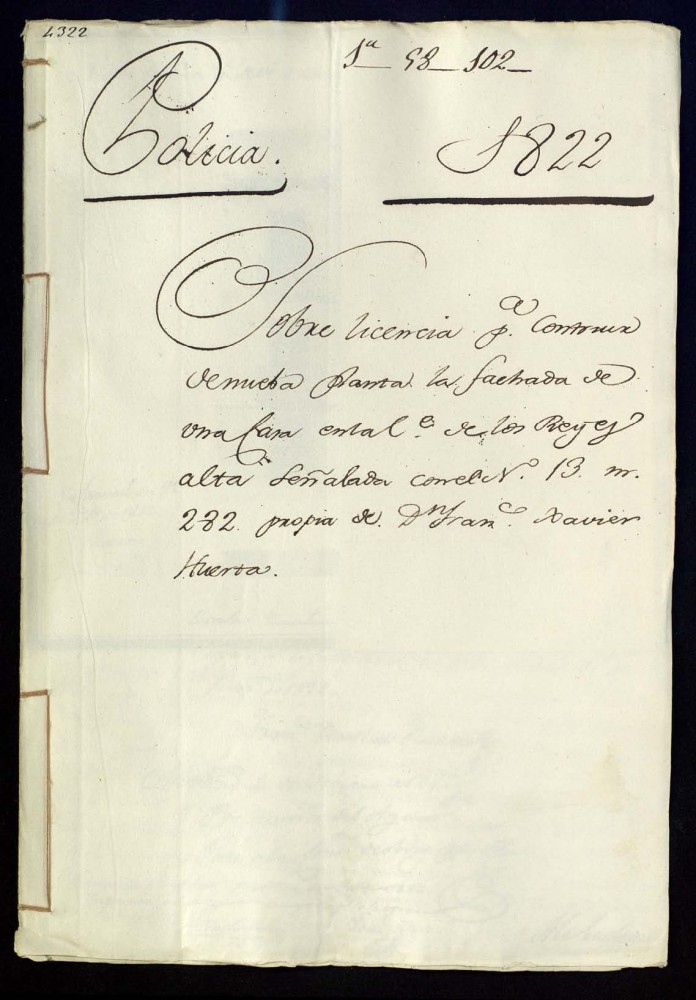Licencia para construir de nueva planta la fachada de una casa en la calle de los Reyes Alta, sealada con el n 13, manzana 282, propia de don Francisco Javier Huerta.