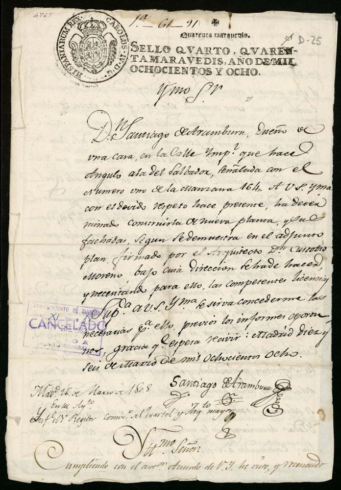 Licencia a Don Santiago de Aramburu para construir una casa en la calle Imperial n 1 antiguo, manzana 164