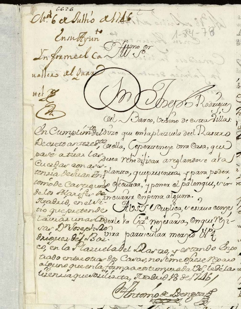 Licencia a Don Jos Rodrguez del Barco para reedificar su casa Plazuela del Rastro.