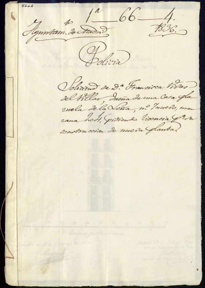 Solicitud de doa Francisca Vivas del Villar, duea de una casa en la plazuela de la Lea, 7, nuevo, manzana 204, pidiendo licencia para su construccin de nueva planta.