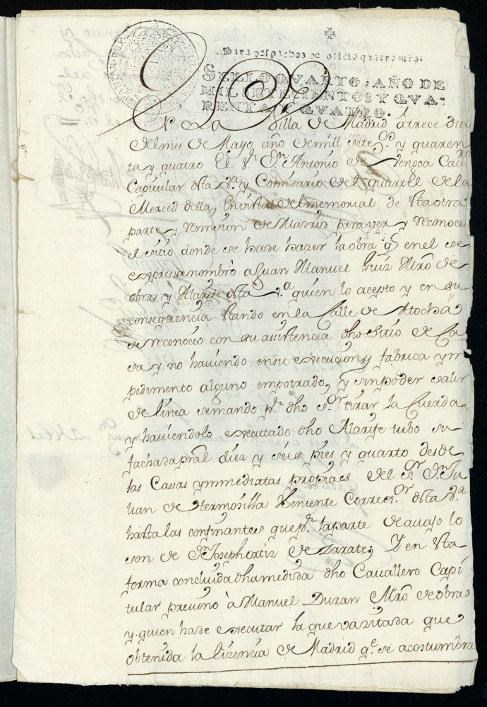 Licencia a Don Julian de Hermosilla, para edificar una casa y agregarla a otras en la Calle Atocha.