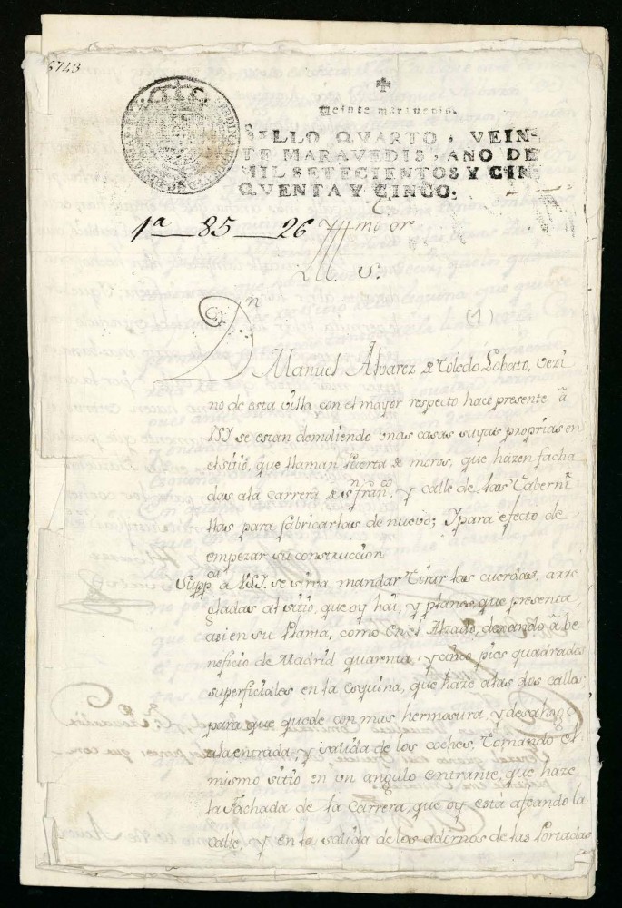 Licencia a Don Manuel lvarez de Toledo Lovato para reedificar unas casa en Puerta de Moros a la carrera de San Francisco y calle de las Tabernillas.