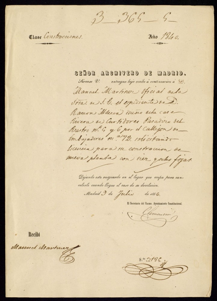 Solicitud al seor archivero de Madrid,hecha por don Manuel Martnez oficial de la Secretaria del Excelentisimo Ayuntamiento Constitucional, de expediente de don Ramn Aldecoa, dueo de la casa Rivera de Curtidores Pasadizo del Rastro, 5 y 6 por el callejn de Embajadores, manzana 72 solicitando licencia para su construccin de nueva planta con diez y ocho hojas.