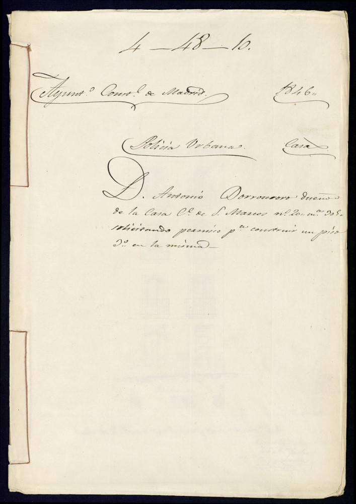 Don Antonio Dorronsoro dueo de la casa de la calle de San Marcos, 20, manzana 305, solicitando permiso para construir un piso tercero en la misma.