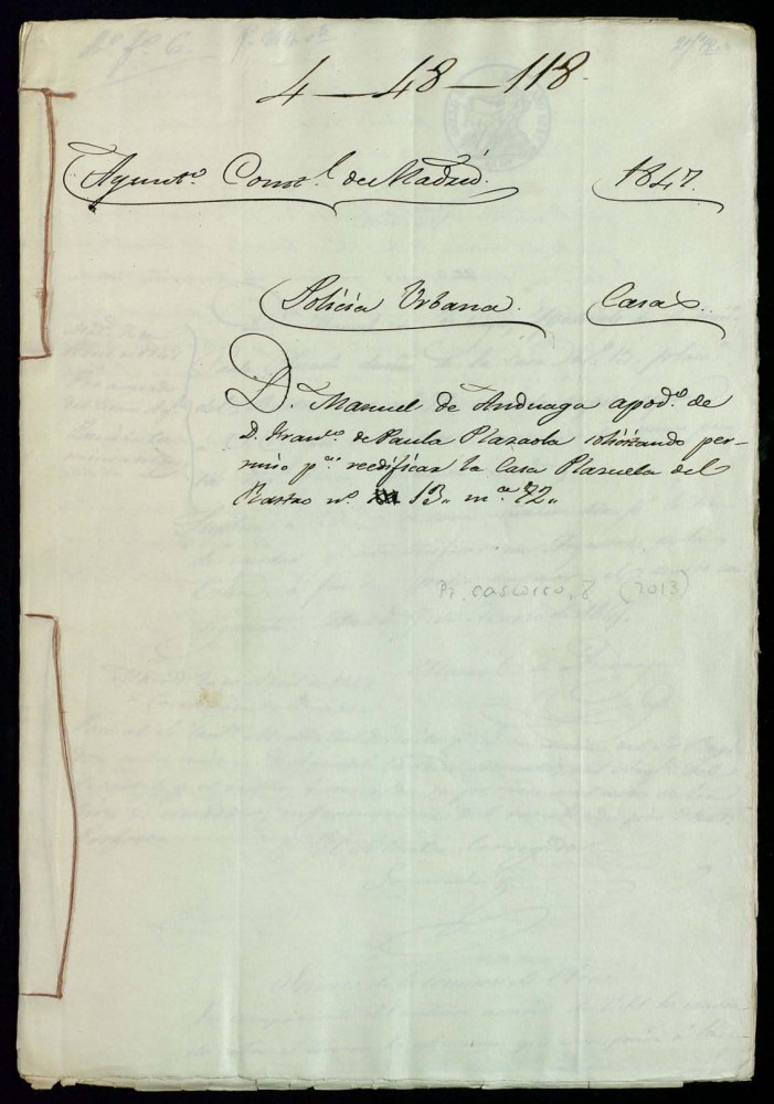 Don Manuel de Anduaga apoderado de don Francisco de Paula Plazaola solicitando permiso para reedificar la casa de la Plazuela del Rastro, nmero 13 manzana 72