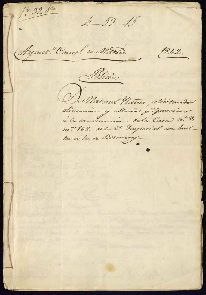 Don Manuel Ibez, solicitando alineacin y altura para proceder a la construccin de la casa, n 9, manzana 162, de la calle Imperial con vuelta a la de Botoneras.