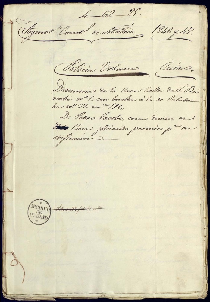 Denuncia de la casa Calle de San Bernab nmero 1 con vuelta a la de la Calatrava nmero 37 manzana 115. Don Pedro Jacobo, como dueo de la casa pidiendo permiso para edificarla.