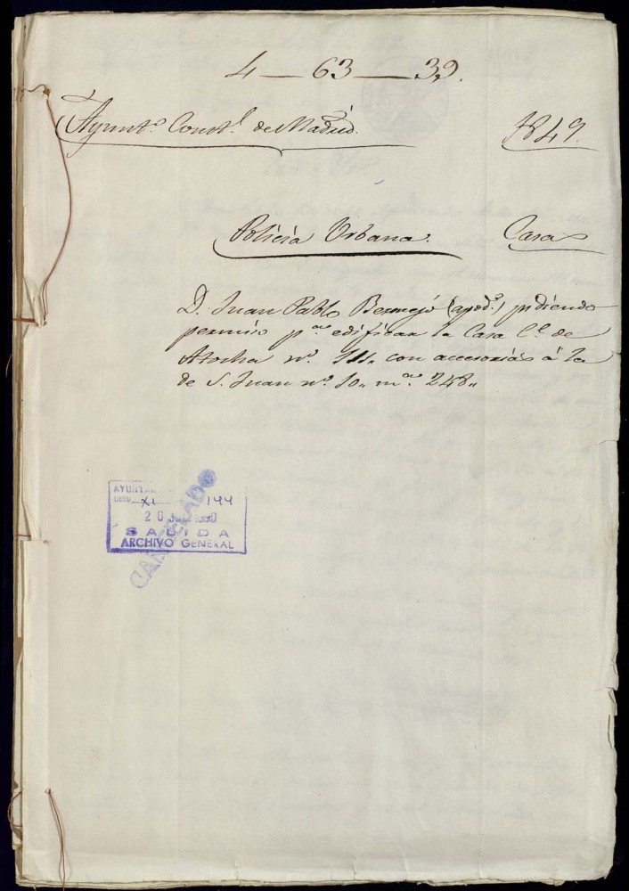 Don Juan Pablo Bermejo, pidiendo permiso para construir la casa de calle de Atocha, 111, con accesorias a la de San Juan, 10, manzana 248