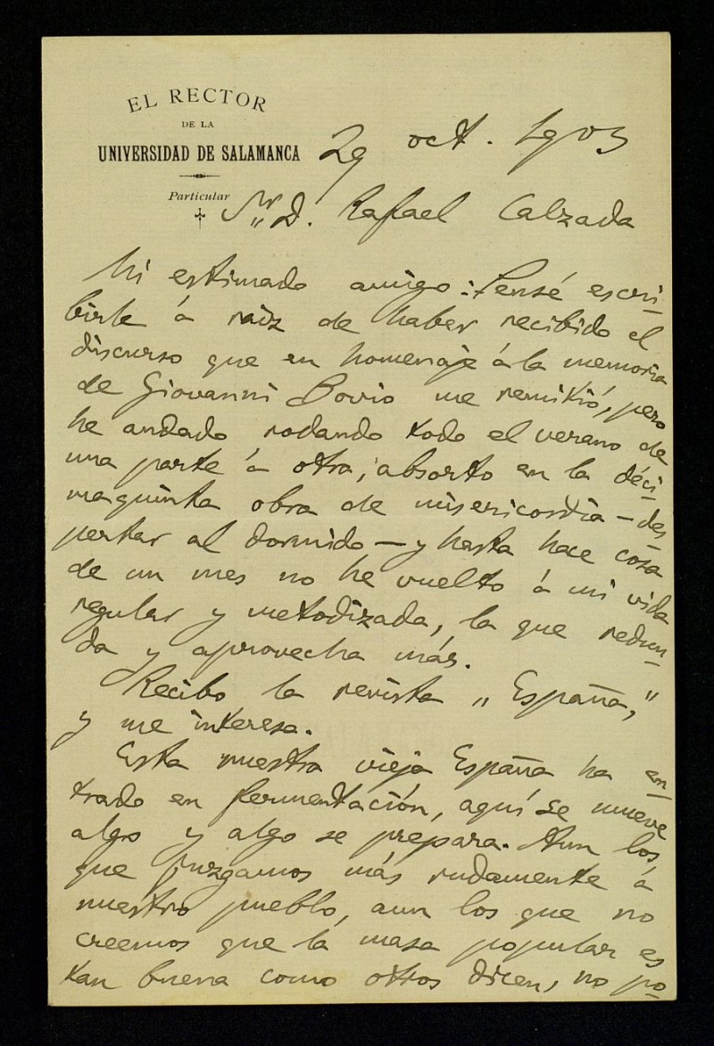 Carta de Miguel de Unamuno a Rafael Calzada