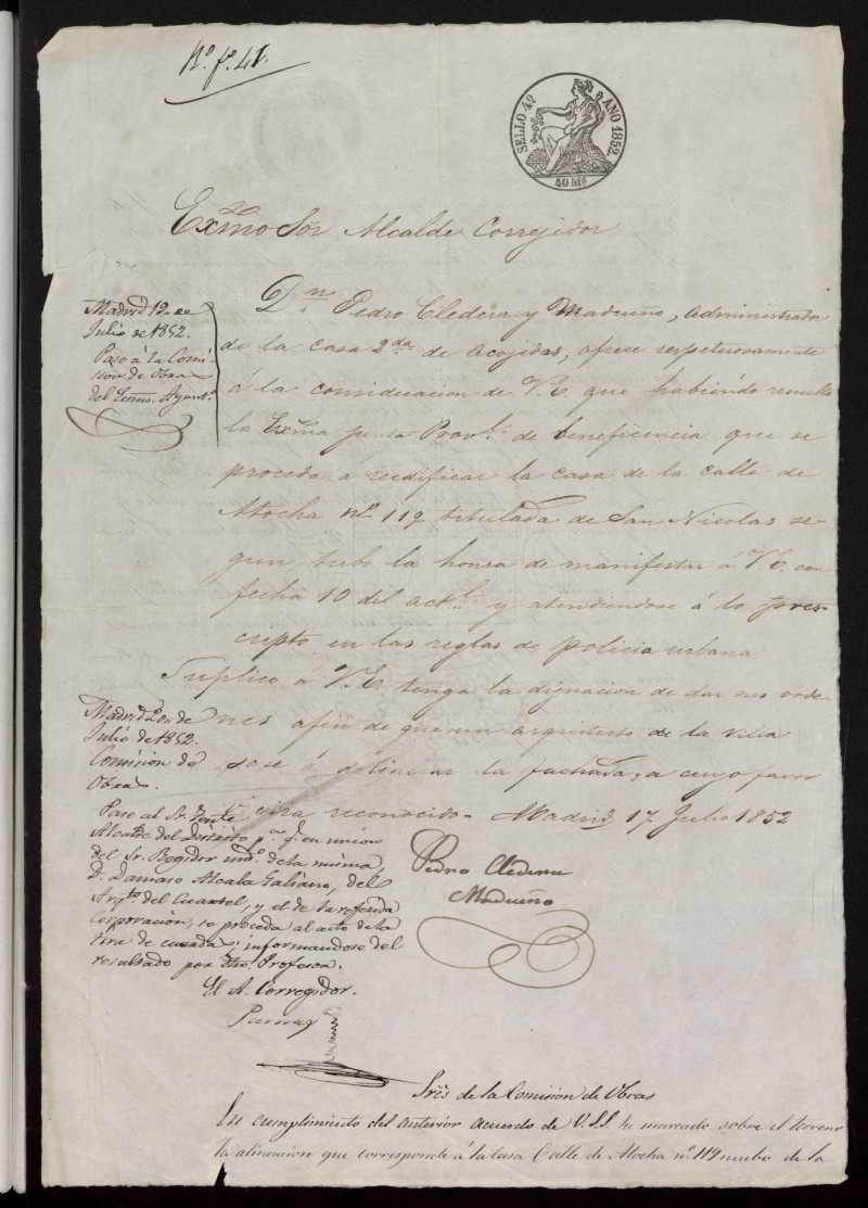 Licencia solicitada por Don Pedro Cledera y Madueo, administrador de la casa Segunda de Acogida, para la tira de cuerdas con el fin de reedificar la casa nmero 119 de la calle de Atocha, titulada de San Nicols