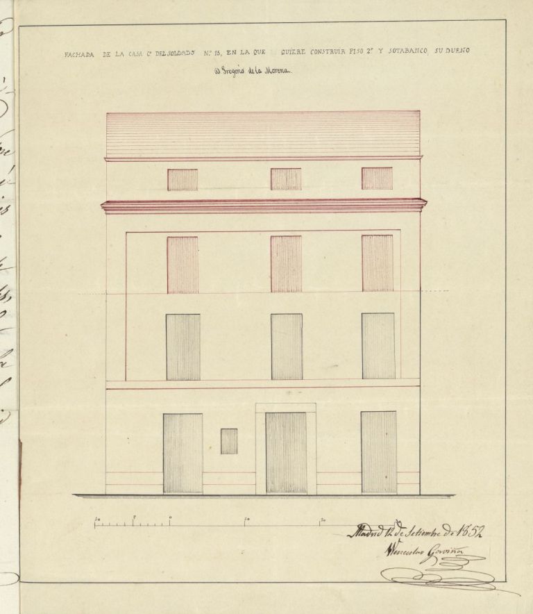 Licencia a D. Gregorio de la Morena, para levantar piso 2 y sotabanco calle del Soldado, n 15, manzana 309