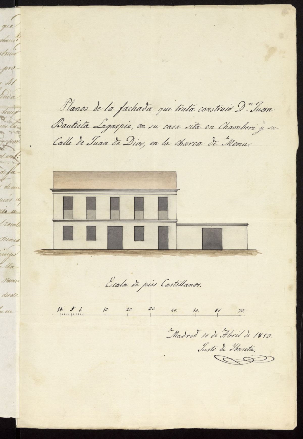 D. Bautista Lagaspie, sobre construir en un terreno que le pertenece en el barrio de Chamber, charca de la Mena, calle de Juan de Dios, actual calle del Cardenal Cisneros