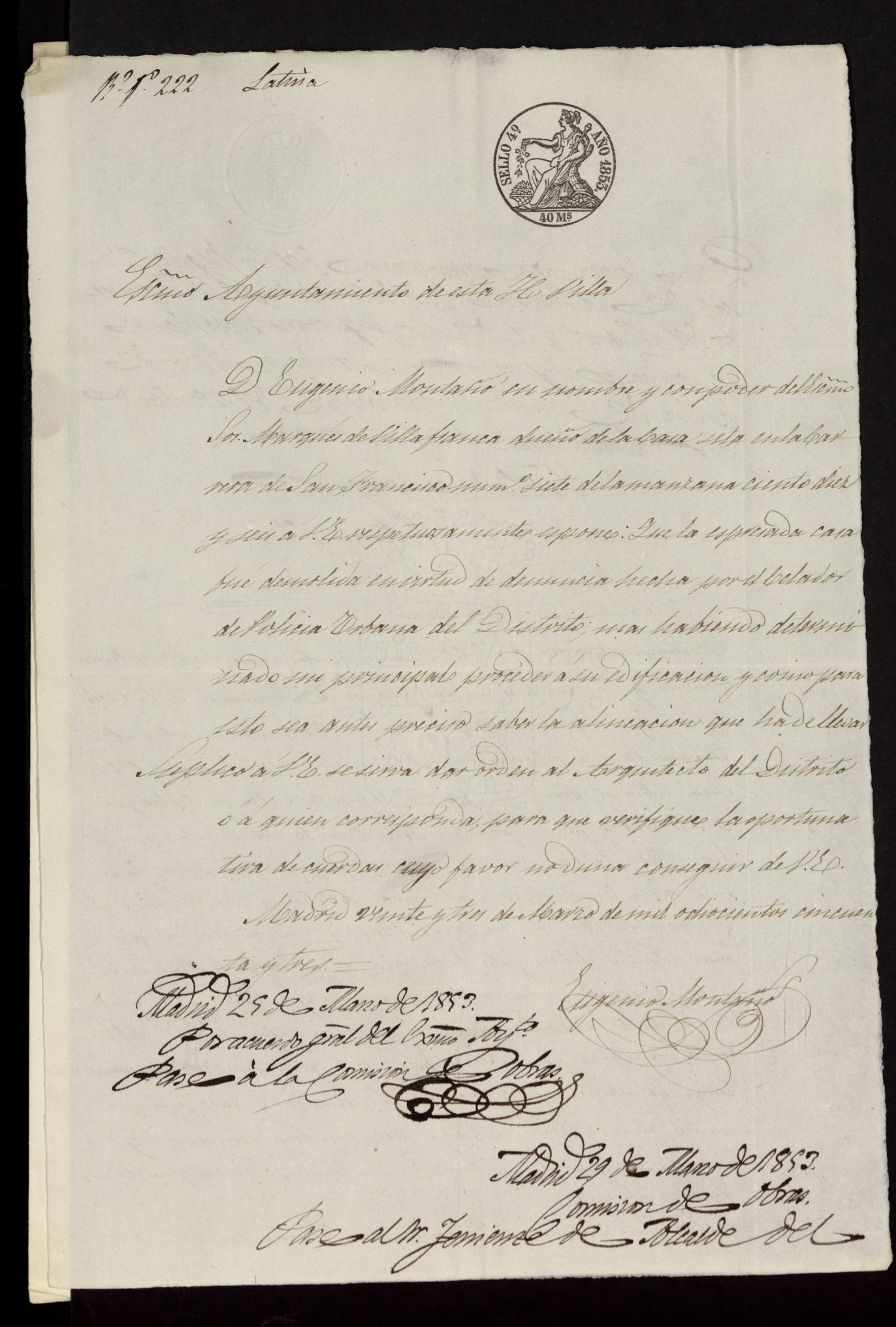 D. Eugenio Montao, en su nombre del Marqus de Villafranca, sobre construccin de una casa Carrera de S. Francisco n 7. (1853)