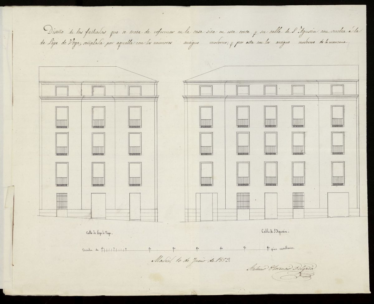 Licencia a D. Andrs Montero, para revocar una parte de la fechada de la casa calle de S. Agustn con vuelta a la de Lope de Vega n 16 y 31 y levantar un piso tercero. (1853)