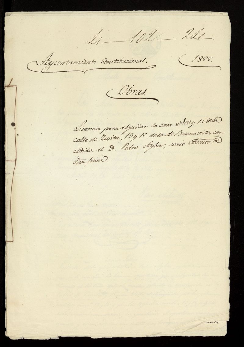 Licencia para alquilar la casa ns 12 y 14 de la calle Zurita, 13 y 15 de la de Buenavista concedida a D. Pedro Aybar, como administrador de esta finca. (1855)