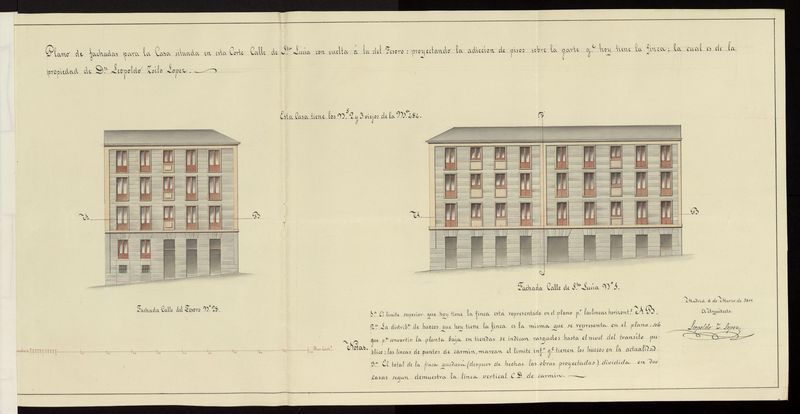 D. Leopoldo Zoilo Lpez, sobre levantar tres pisos sobre los que tiene la casa calle de S. Luca n 1 con vuelta a la del Tesoro n 28, manzana 484. (1855)