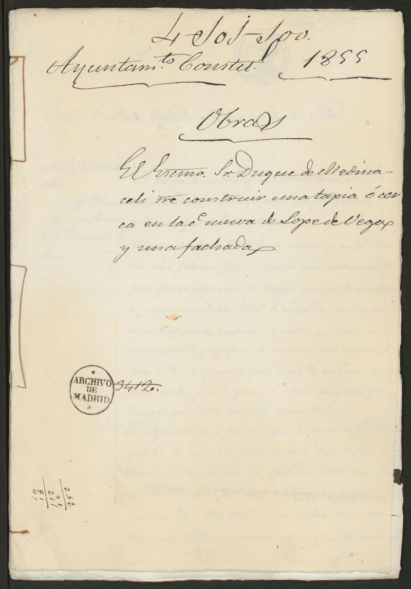 El Excmo. Sr. Duque de Medinaceli, sobre construir una tapia o cerca en la calle nueva de Lope de Vega y una fachada. (1855)