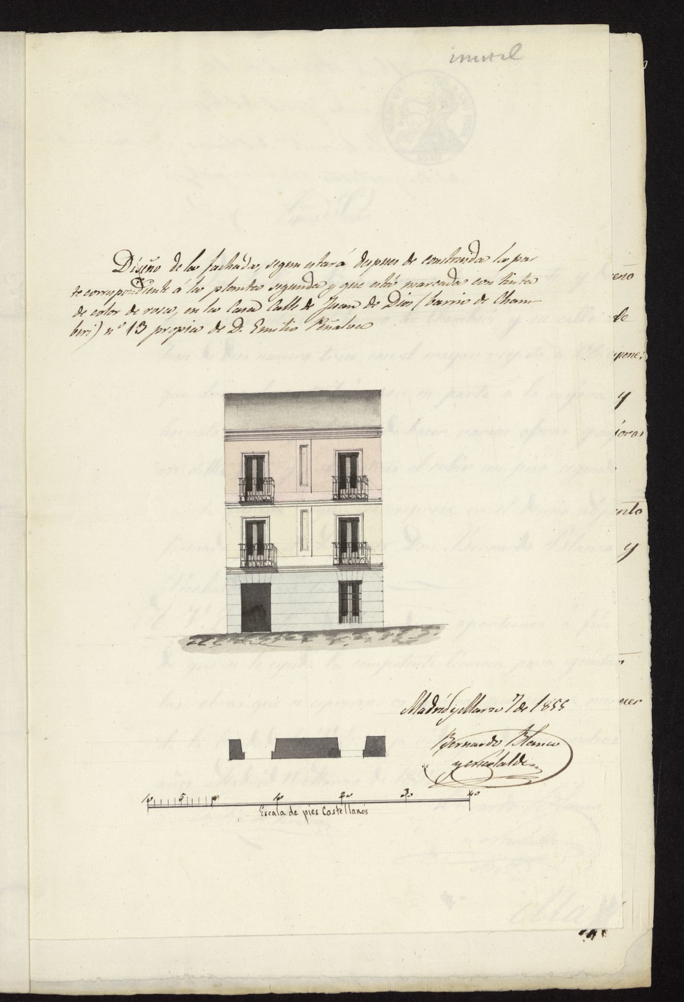 D. Emilio Pealva, en solicitud de licencia para ejecutar varias obras en su casa calle de Juan de Dios, n 13, Barrio de Chamber. (1855)