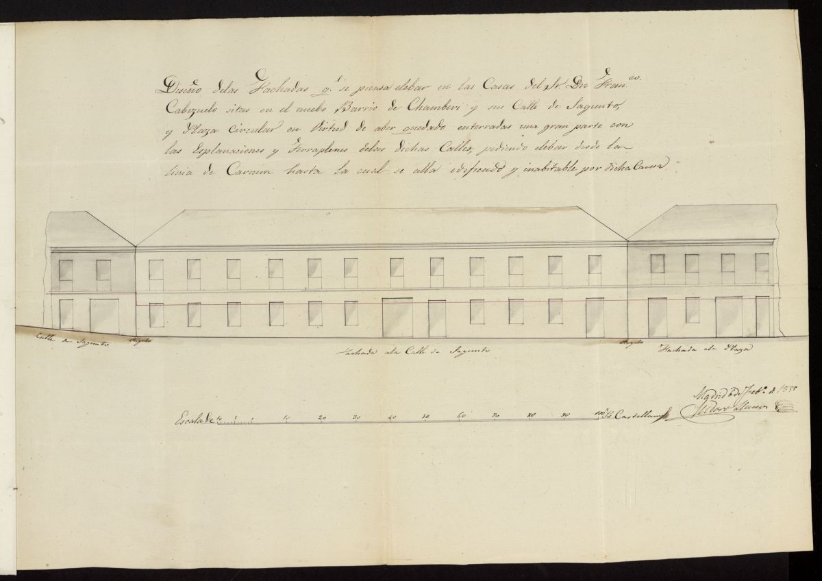 D. Francisco Cabezuelo, solicitando licencia para elevar las fachadas de su casa en el nuevo Bario de Chamber y su calle de Sagunto. (1855)