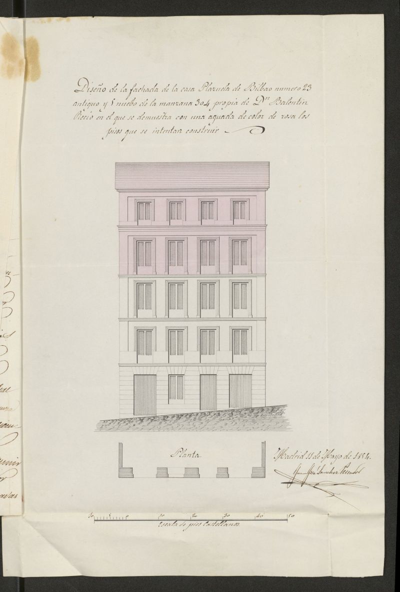 D. Valentín Recio, sobre permiso para construir un piso 3º y sotabanco en la casa Plazuela de Bilbao nº 5 moderno, 23 antiguo, manzana 304. (1854)