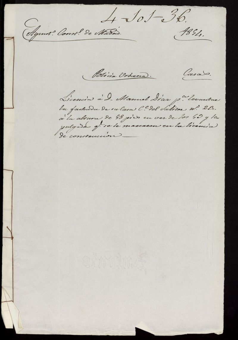 Licencia a D. Manuel Díaz, para levantar la fachada de una casa calle del Salitre nº 23. (1854)