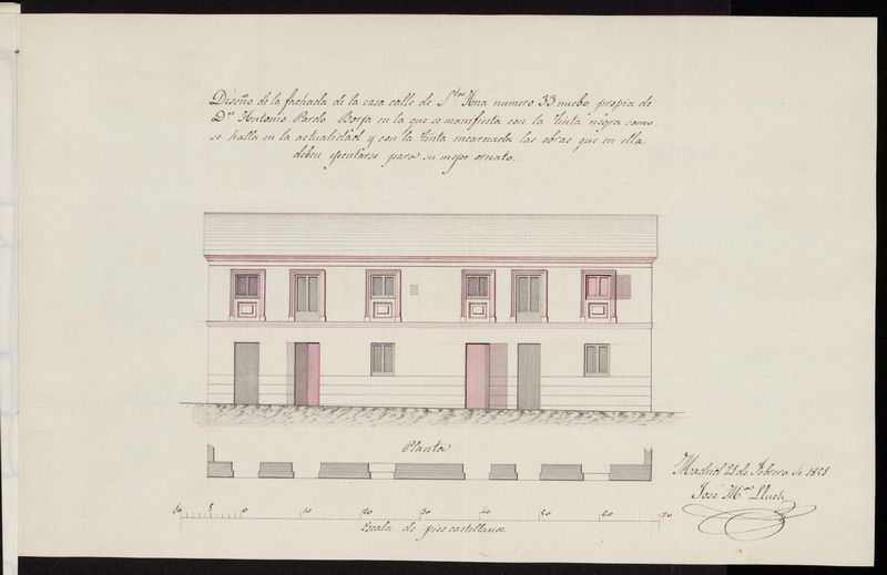 Expediente de D. Antonio Pardo Borjas, solicitando licencia para hacer varias obras en las casas n 33 moderno de la calle de Sta. Ana. (1856)