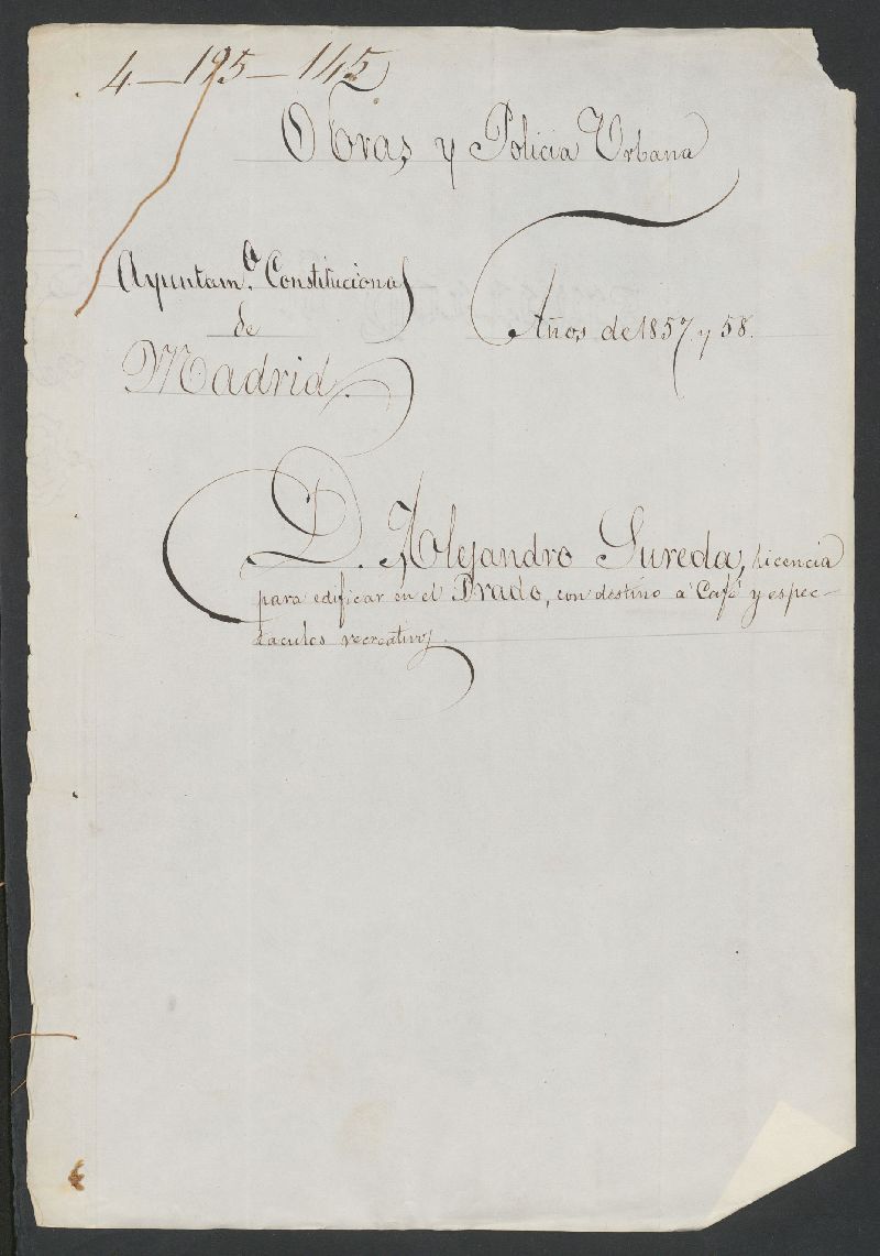 D. Alejandro Sureda, licencia para edificar en el Prado, con destino a "caf" y espectculos recreativos. (1857-58)